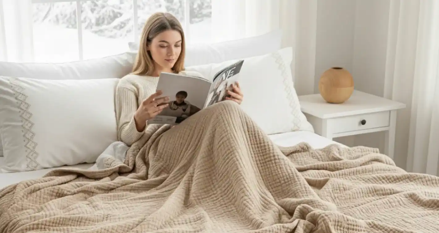Luxury bedroom with temperature balancing muslin blanket
